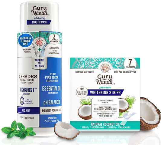 GuruNanda Whitening Wonder Duo, Dual Barrel Oxyburst Whitening Mouthwash 20 Oz & Teeth Whitening Strips with No Slip, Dry Strip Tech, 7 Day Treatments