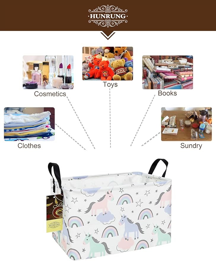 HUNRUNG Rectangle Storage Basket Cute Canvas Organizer Bin for Pet/Children Toys, Books, Clothes Perfect for Rooms/Playroom(REC-Star Unicorn)