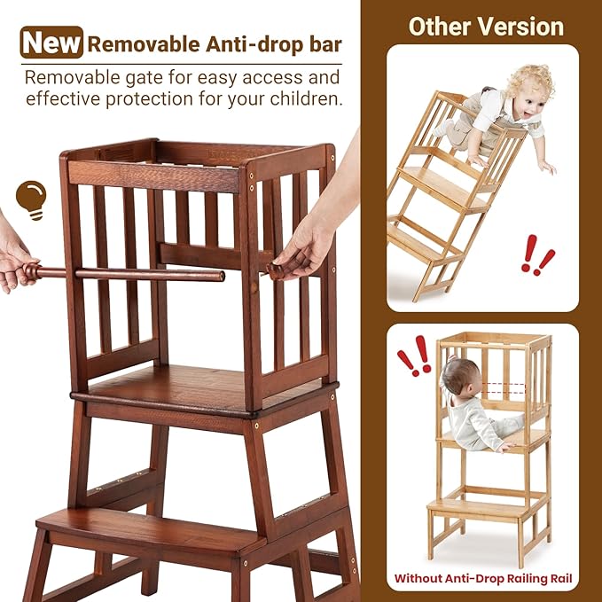 COSYLAND Kids Kitchen Step Stool, Toddler Standing Tower with CPC Certification, Removable Anti-Drop Railing Safety Rail Enjoys Unique Patented Design A Anti-tip Stable Structure 1.5-3 Years Brown