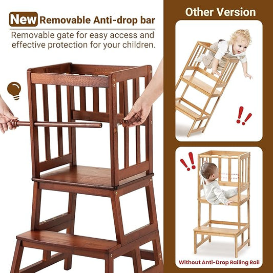 COSYLAND Kids Kitchen Step Stool, Toddler Standing Tower with CPC Certification, Removable Anti-Drop Railing Safety Rail Enjoys Unique Patented Design A Anti-tip Stable Structure 1.5-3 Years Brown