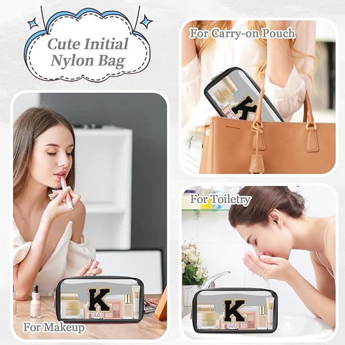 Small Clear Personalized Initial Makeup Bag,Nylon Preppy A-Z Chenille Letter Patch Cosmetic Pouch Beach Toiletry Bag,Waterproof Zipper Travel Purse Storage Bag Organizer for Women Girls(Black-Black K)