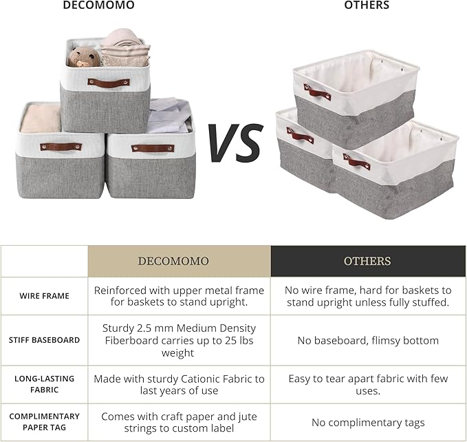 DECOMOMO Storage Baskets for Shelves - Fabric Storage Bins, Linen Closet Organizers and Storage (Grey & White, Large - 4 Pack)