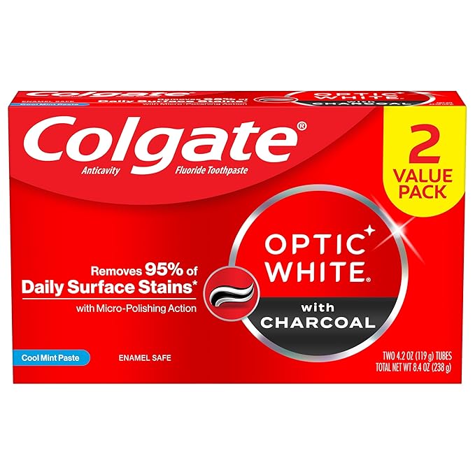 Colgate Optic White Whitening Toothpaste with Charcoal, Whitening with Charcoal Toothpaste Pack, Removes Daily Surface Stains, Enamel-Safe for Daily Use, Vegan, Cool Mint Paste, 2 Pack, 4.2 oz