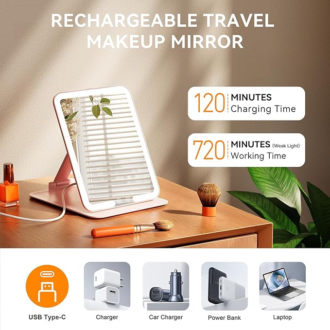 Auxmir Travel Makeup Mirror with 3 Dimmable Color Lights, Portable Foldable LED Lighted Travel Makeup Mirror, Rechargeable Compact Vanity Mirror with Light, Adjustable Height and Angle for Desk, Pink