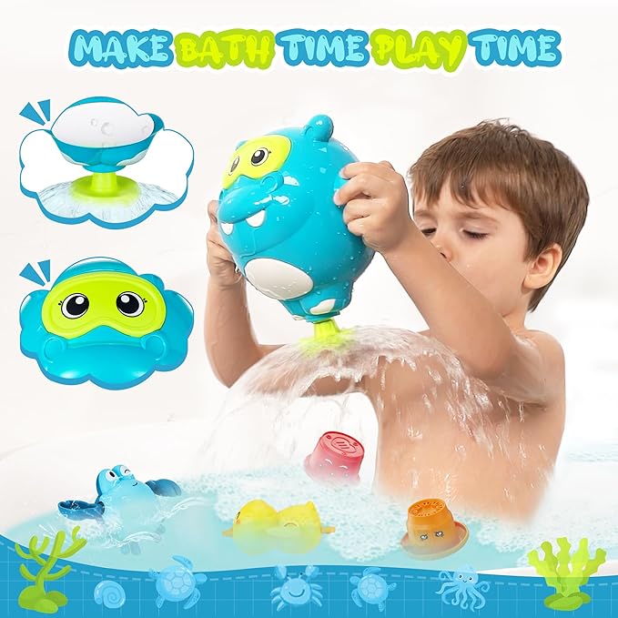 EKU Hippo Bath Toys for Kids Ages 18months+ Toddler with Burger Stacking Cups Swimming Duck Crab Bath Time Water Play Toys Bathtub Toys