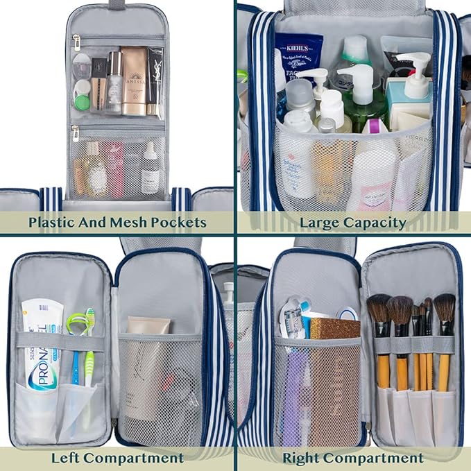 PAVILIA Extra Large Toiletry Bag Travel Bag for Women Men, Hanging Cosmetic Organizer, Water Resistant Makeup Bag for Accessories Toiletries, Travel Essentials Kit (Stripe Navy)