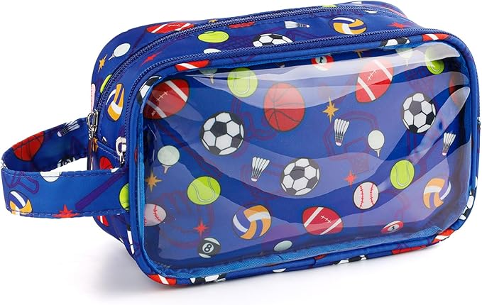 Kids Toiletry Bag for Boys, Travel Clear Toiletry Bag for Little Young Boys Waterproof Hanging Wash Bag Toddler Traveling Toiletries, Blue Soccer Balls