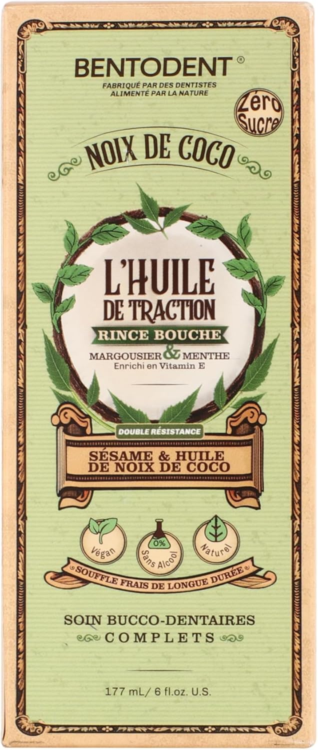 Bentodent Coconut Oil Pulling, Powerful Neem & Mint, Dual Strength of Sesame & Coconut Oil, Oil Pulling rinse for teeth & gums, Zero Sugar & No Alcohol mouthwash for Fresh Breath & Whitening,6 fl. oz.