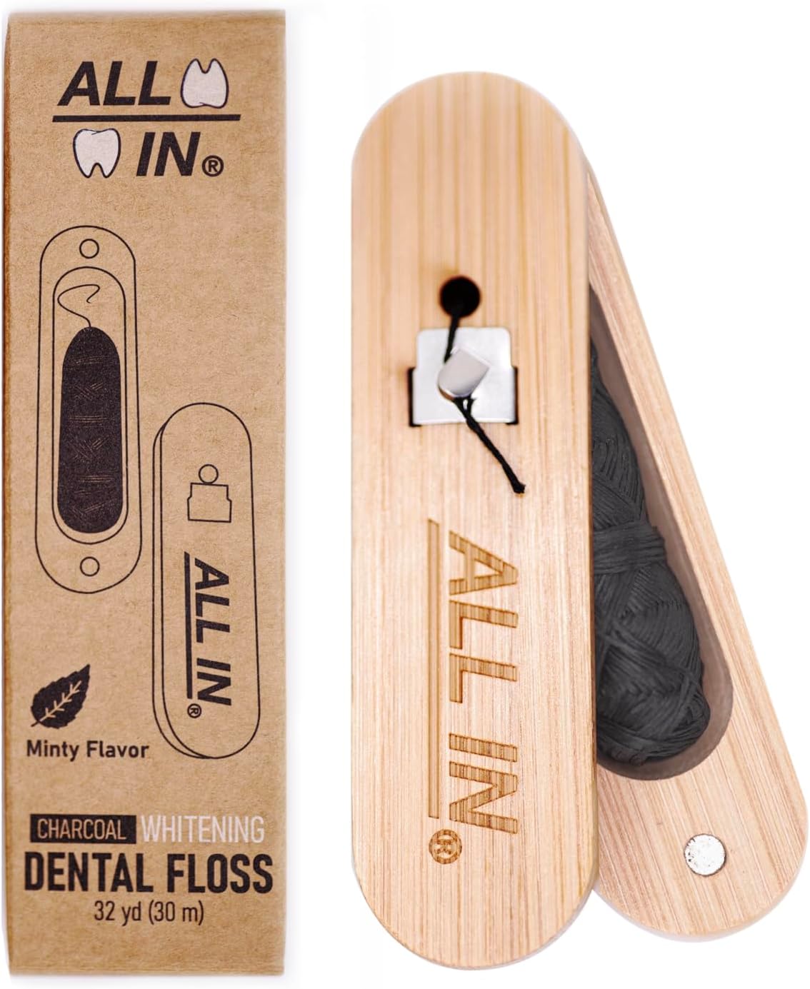 ALL IN Charcoal Floss Refills 6 x 32 Yds Each - Activated Charcoal Dental Floss Refills Only – BPA Free, Plant Based No PFAS Mint Floss for Plaque Removal, Fresh Breath (6)