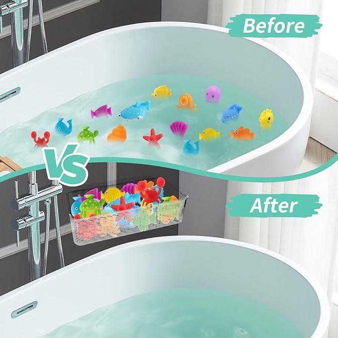 2 Pack Bath Toy Storage Holder Bathtub Toy Organizer, Clear Bath Organizer Wall Mounted, Quick-Dry Bathtub Storage with Drain Holes, Easy Install and Clean Shower Caddy for Bathroom