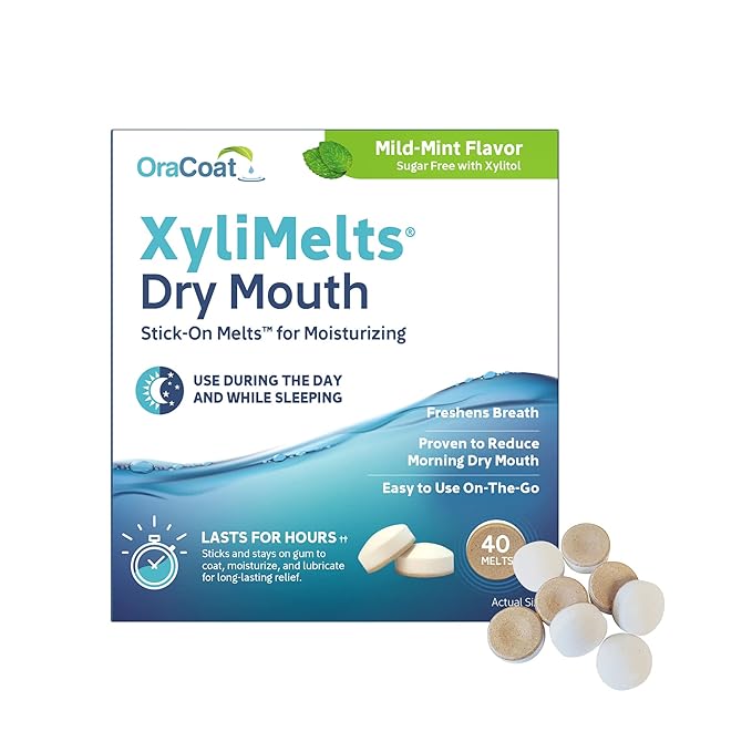 Oracoat XyliMelts for Dry Mouth Night Time or Day - Moisturizing Dry Mouth Adhering Discs, Sugar Free with Xylitol, 40 Count, Mild Mint Flavor, 8-Hour Relief