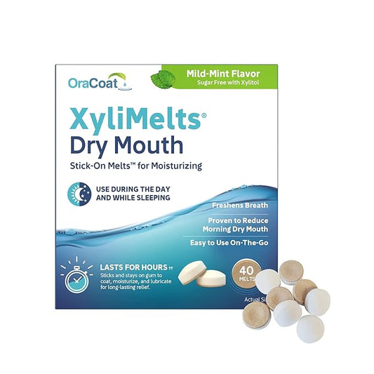 Oracoat XyliMelts for Dry Mouth Night Time or Day - Moisturizing Dry Mouth Adhering Discs, Sugar Free with Xylitol, 40 Count, Mild Mint Flavor, 8-Hour Relief
