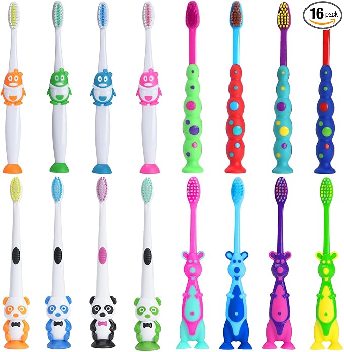Newday 16 Pack Kids Toothbrush Bulk Soft Bristles Toddler Cute Toothbrush with Suction Cup, Includes Travel Covers, Individually Wrapped Toothbrushes, Animal Design for Children's toothbrushes
