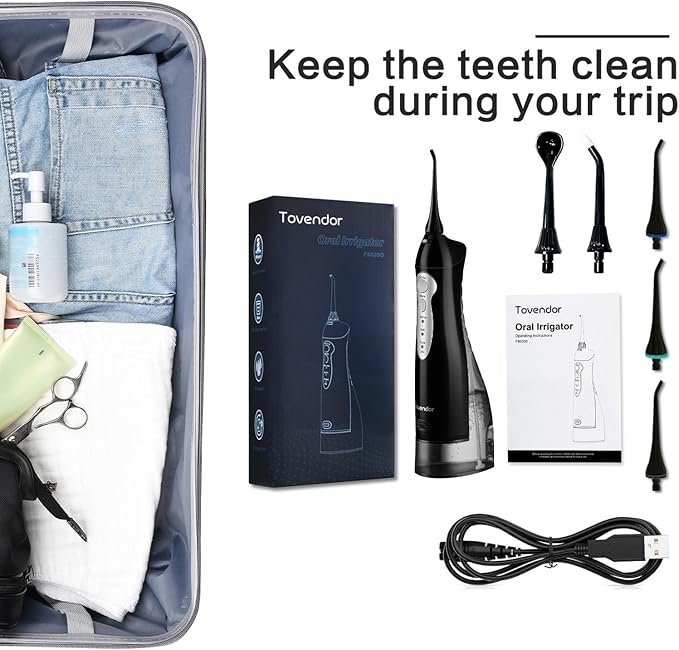TOVENDOR Electric Water Flosser, Rechargeable Dental Oral Irrigator - 3 Modes, 5 Tips for Teeth, Gums, Braces, Dental Care, Family Oral Health (300ML, IPX7Waterproof Waterflosser)