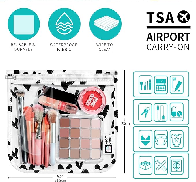 TSA Approved Toiletry Bag, Set of 3 Clear Travel Toiletry Bag Quart Size Zipper Travel Pouch, Waterproof Makeup Cosmetic Bag for Women Men Kids Toiletries Carry on, Hearts Large