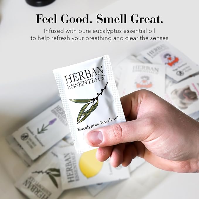 Herban Essentials - Eucalyptus Wipes & Towelettes - Essential Oil Wipes for Hands & Body - Travel Size Essentials and Toiletries - Natural, Individually Wrapped, Disposable & Moist Refresh (7 count)