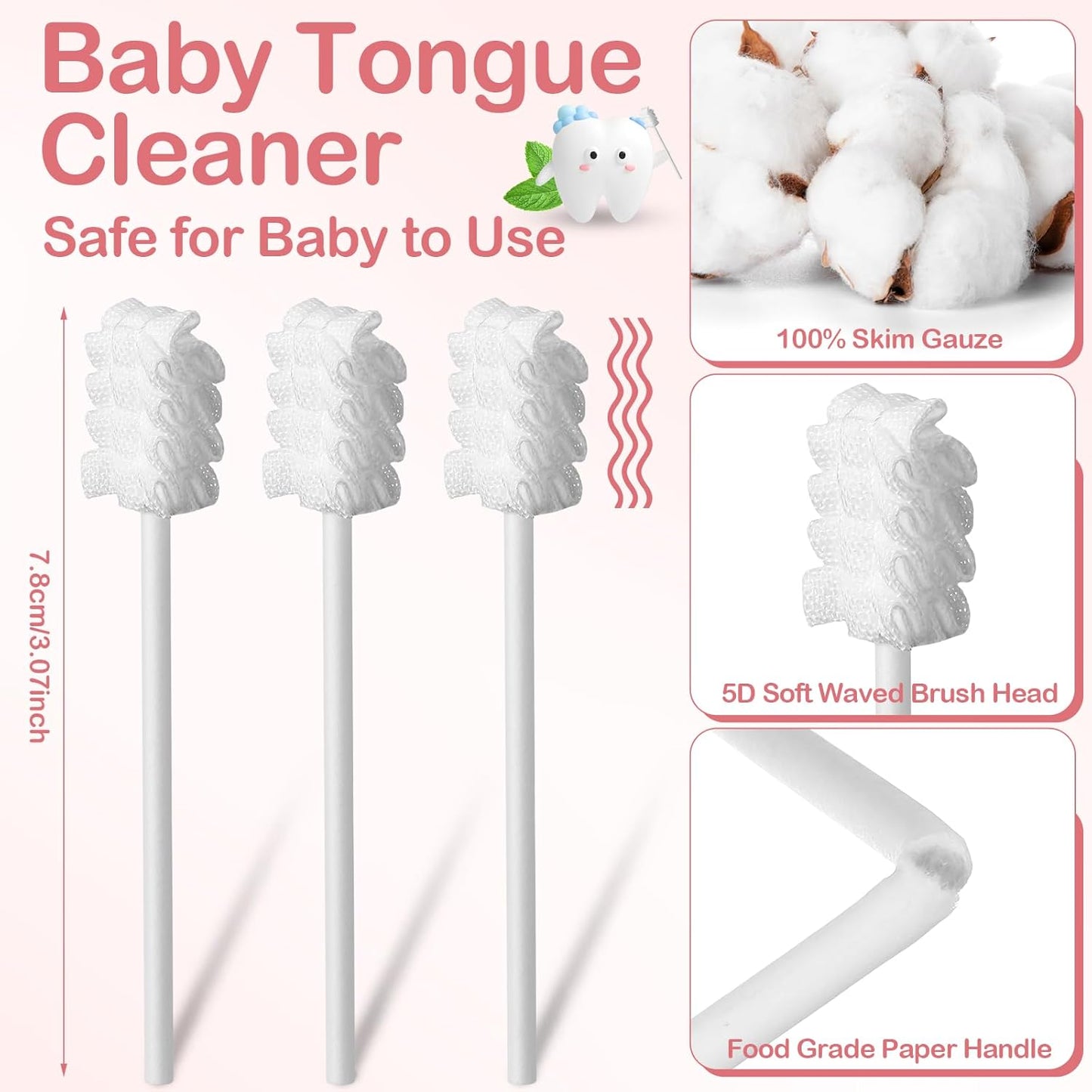 200 Pieces Baby Tongue Cleaner Disposable Infant Oral Cleaner with 4 Pieces Finger Toothbrush Soft Gauze Baby Mouth Newborn for Tooth Mouth Gum Dental Care(Pink)