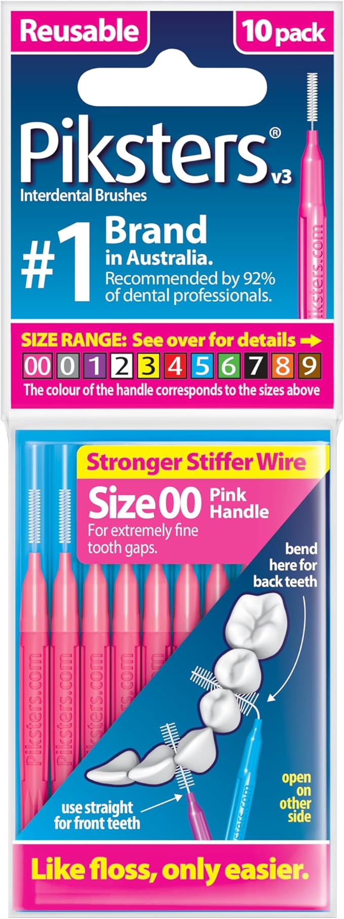 Piksters Interdental Brushes, 10 pk, Size 00, Interdental Brush for Extremely Fine Gaps, Gum Soft Bristles for Plaque Removal, Safe for Braces