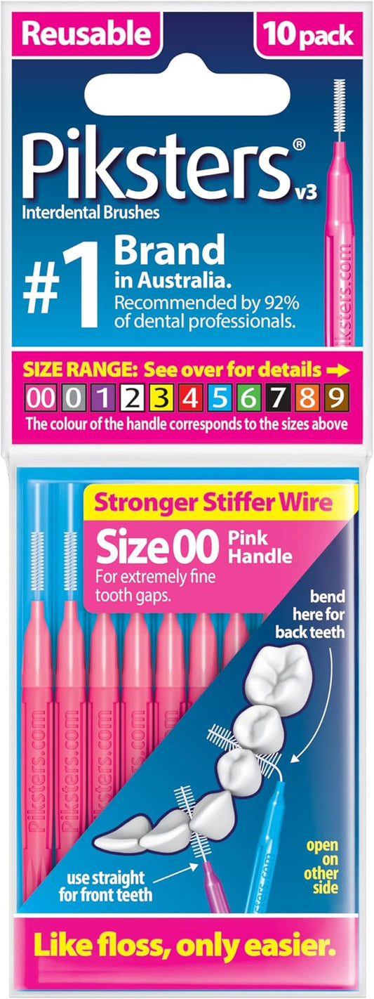 Piksters Interdental Brushes, 10 pk, Size 00, Interdental Brush for Extremely Fine Gaps, Gum Soft Bristles for Plaque Removal, Safe for Braces