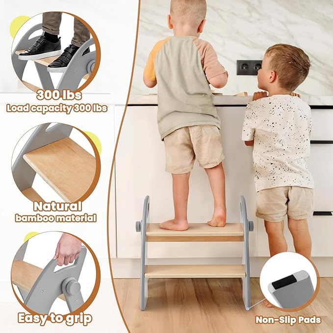 Wooden Step Stool, Two Step Stools, 300 lb. Load Capacity, with Safety Non-Slip Pads and Handles, Bamboo Step Stool for Bathroom and Kitchen, Children's Christmas Gift (Grizzly)