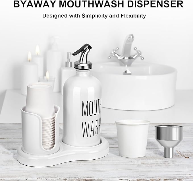 Mouthwash Dispenser for Bathroom,BYAWAY Mouthwash Dispenser with Cup Holder,14 Mouthwash Cups and Funnel,Refillable Glass Mouthwash Container (White)
