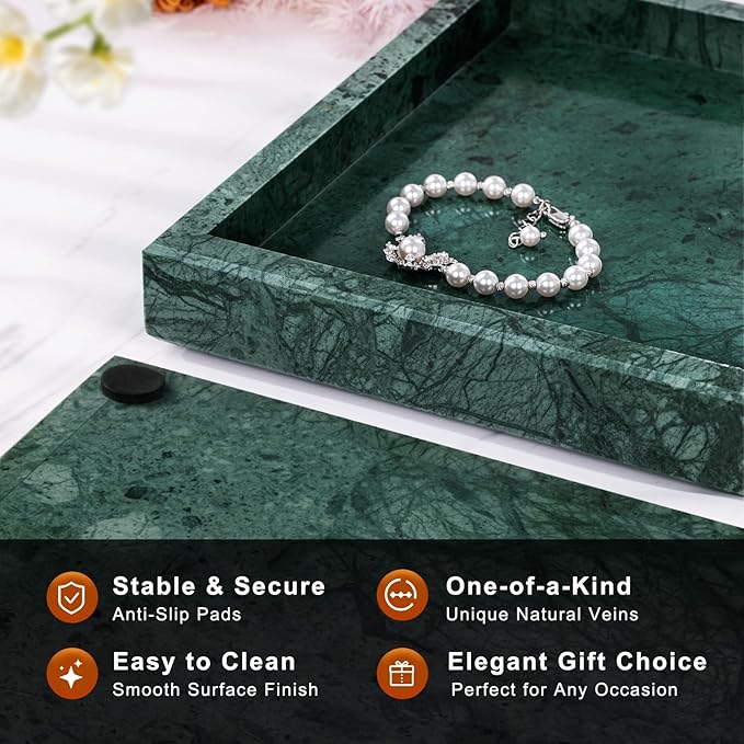 Marble Bathroom Tray for Countertop & Home Decor, Natural Decorative Marble Tray for Jewelry & Perfume Organizer, Luxury Stone Vanity Trays for Dresser, Kitchen Counter, 12" x 8", Green