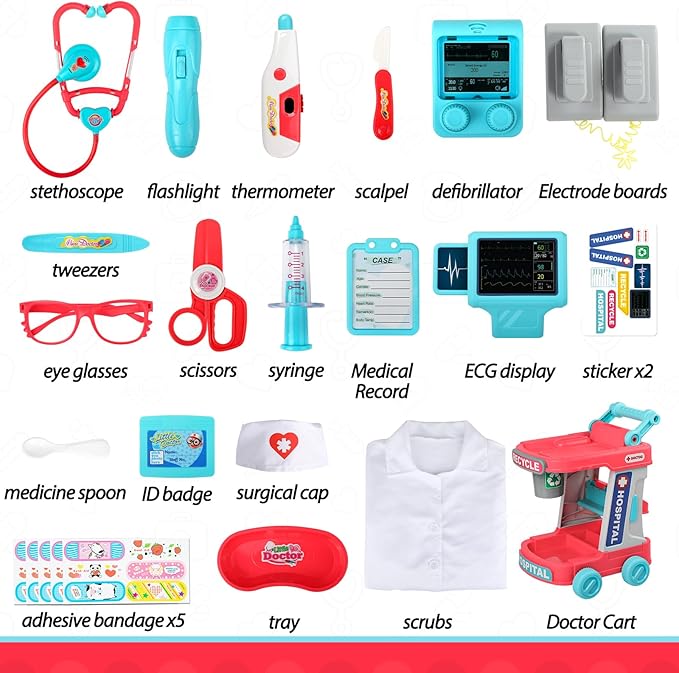 Liberry Doctor Kit for Toddlers Ages 2 3 4 5, Pretend Kids Doctor Playset with Cart, Costume and Stethoscope, Role Play Medical Toys Christmas Birthday Gift for Girls Boys (Red)