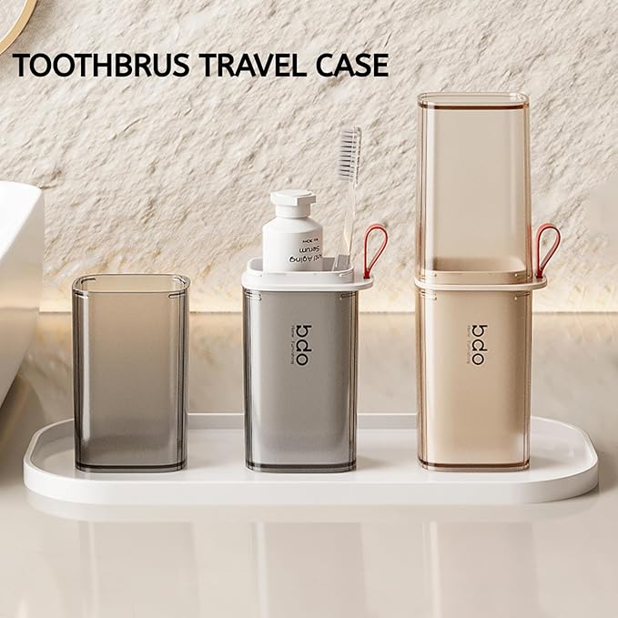 Toothbrush Travel Case, 2 in 1 Toothbrush Holder and Rinse Cup, Large Capacity Toothbrush Cup with Cover, Portable Travel Toothbrush Holder for Traveling, Camping, Trip - 1Pcs - Grey&White