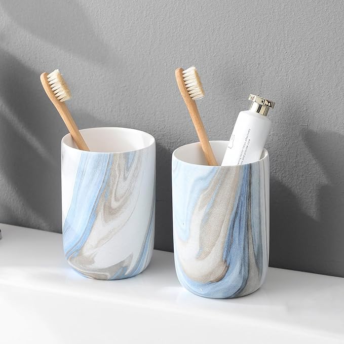 Blue Marble Toothbrush Holders - Ceramic Toothbrush Holders for Bathrooms, Toothbrush Toothpaste Holders, Marble Bathroom Tumbler Cups Reusable Toothbrush Mouthwash Cup, Bathroom Counter Organizer