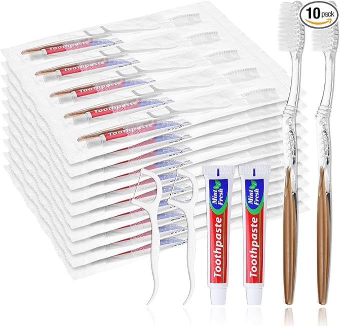 10pcs Disposable Toothbrushes with Toothpaste Floss Individually Wrapped, Disposable Toothbrush Bulk, 10g Toothpaste, Dental Floss Pick, Bulk Toothbrush Kit for Homeless,Airbnb,Hotel,Guest