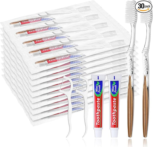 30pcs Disposable Toothbrushes with Toothpaste Floss Individually Wrapped, Disposable Toothbrush Bulk, 10g Toothpaste, Dental Floss Pick, Bulk Toothbrush Kit for Homeless,Airbnb,Hotel,Guest