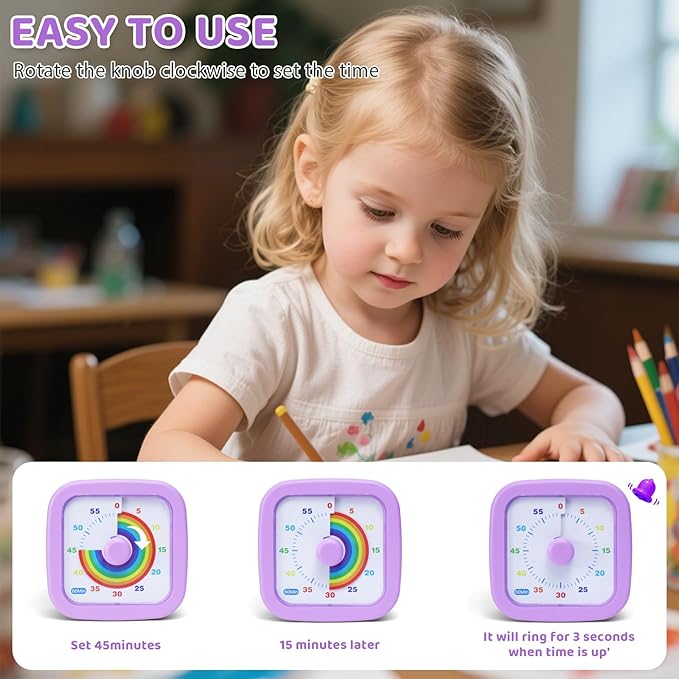 60 Minute Visual Timer for Kids and Adults, Silent Desk Timer with Rainbow Pattern, Time Management Tool for Kitchen Classroom Office Home, Purple