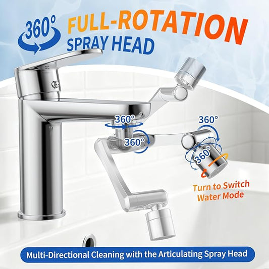 1440°Sink Rotatable Faucet-Extender Aerator - Bathroom/Laundry/Kitchen/Utility U Shaped Universal Faucet Extension In Brass, Swivel Robotic Arm 2 Sprayer Modes Sink Sprayer For Toddlers