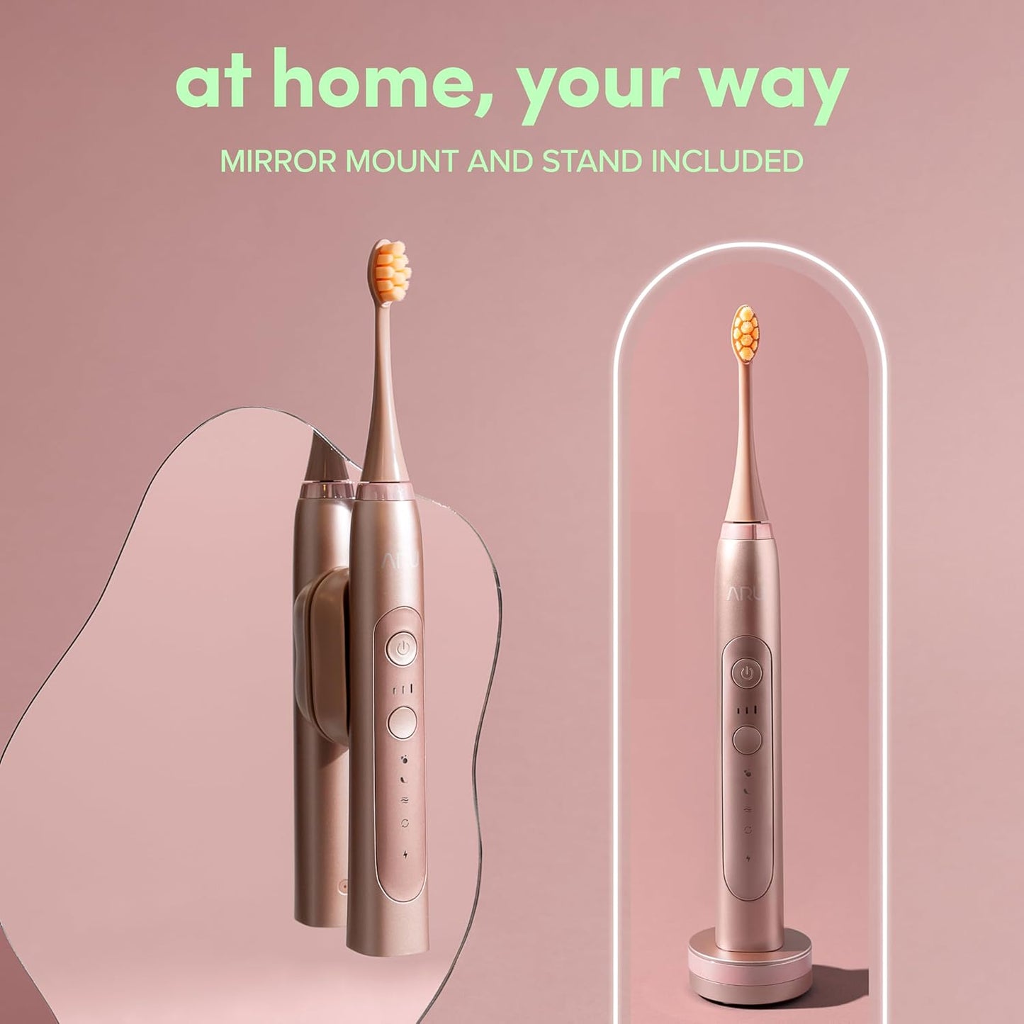 ARU Sonic Toothbrush Starter Kit with Customizable Modes and 2 Minute Timer, ADA-Approved Electric Toothbrush for Adults, Soft Toothbrush for Gums, 45+ Days Battery, Travel Case, Rose Pink