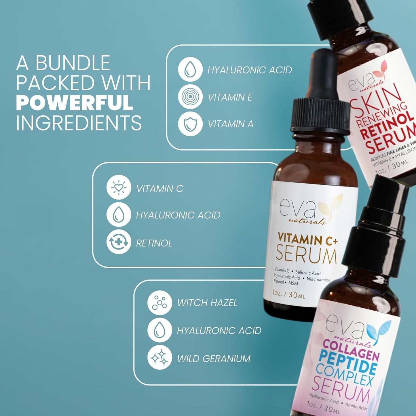 Eva Naturals Trifecta Face Serum Set – Retinol, Vitamin C & Peptides with Hyaluronic Acid & Niacinamide – Anti-Aging Skincare Bundle for Women – Collagen Boosting, Wrinkle & Spot Treatment