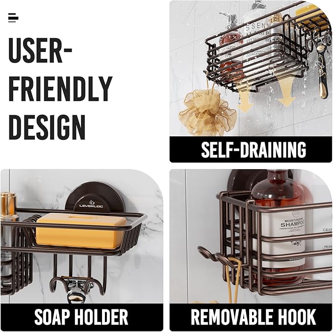 LEVERLOC Shower Caddy Suction Cup, 2 Pack Shelves for Inside with Hooks and Soap Holder, NO-Drilling Bathroom Holder, Rustproof Meatl Bathroom Organizer, Brown