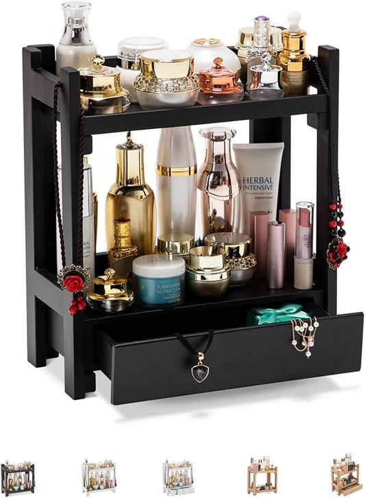GOBAM Bamboo Makeup Organizer with Drawer, Black Vanity Storage Box, Multi-Purpose Storage for Skincare, Toiletries and Desktop, 2-Tier Countertop Organizer Shelf for Bathroom, Kitchen, Office