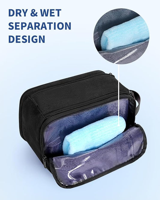 WANDF Toiletry Bag for Men Travel Toiletry Organizer Canvas and Leather Dopp Kit Water-Resistant Shaving Bag for Travel Accessories (Black, Medium)