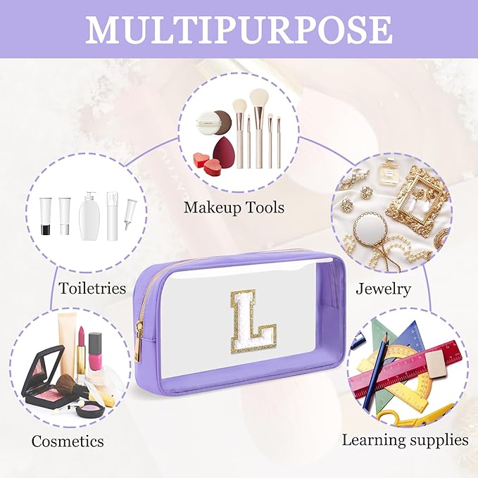Small Clear Personalized Initial Makeup Bag,Nylon Preppy A-Z Chenille Letter Patch Cosmetic Pouch Beach Toiletry Bag,Waterproof Zip Travel Purse Storage Bag Organizer for Women Girls(Purple-White L)