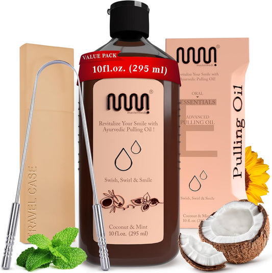 MasterMedi Coconut and Peppermint Oil Pulling (10 Fl.Oz), Mouthwash with Tongue Scraper, Alcohol Free Natural Coconut Oil Pulling for Teeth Whitening,Fresh Breath and Healthier Gum (Pack of 1)