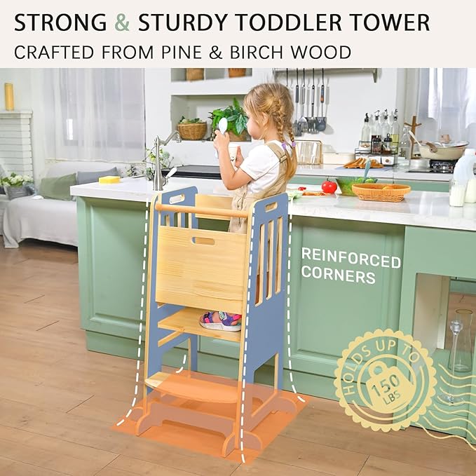 WINGYZ Toddler Kitchen Stool – Adjustable Helper Tower for Kids with Safety Rail, Wooden Standing Step-Up Stool, Sliding Door & Stable Base, Light Blue