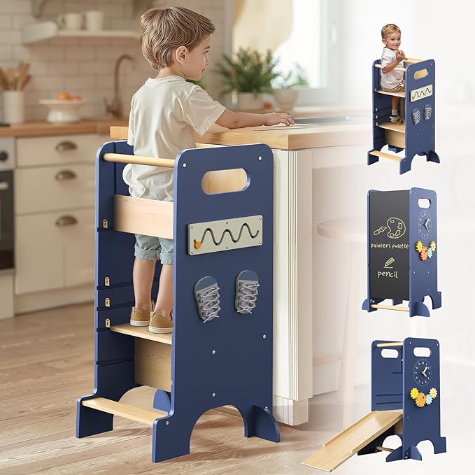 Toddler Tower 4-in-1 Multifunctional Kitchen Step Stool Helper with Removable Safety Board, Adjustable Heights, Slide, Highchair, Chalkboard, Montessori Games-Blue