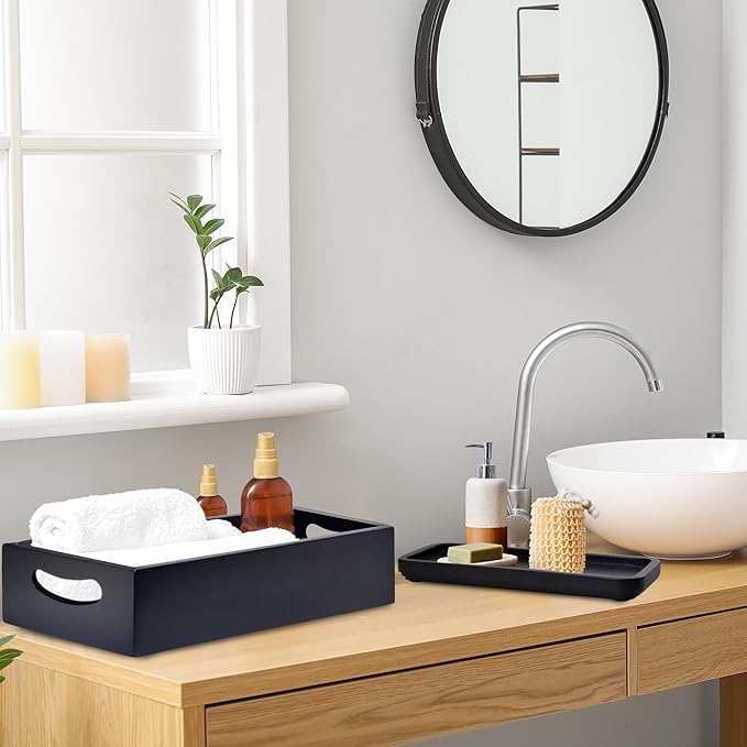 Toilet Tank Tray for Modern Black Bathroom Decor Set of 2 Acacia Toilet Tank Topper Paper Storage Decorative Organizer Box Wood Vanity Tray for Counter Decor Dresser Tops (Black)