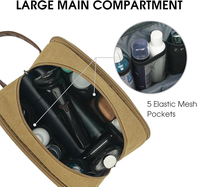 WANDF Travel Toiletry Bag for Men Large Toiletries Shaving Bag Water Resistant Hanging Dopp Kit Travel Accessories Bag for Women Men (Khaki)