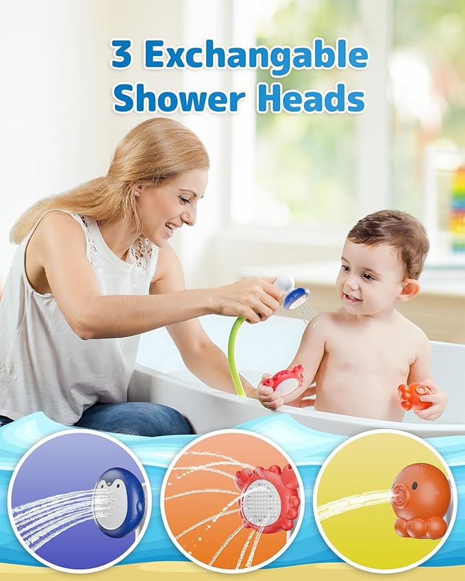 Baby Bath Shower Head with Water Thermometer, 3-in-1 Rechargeable Bath Toys, 3 Exchangable Shower Heads and Soft Silicone Baby Brush, for Newborns, Toddlers in The Tub or Sink - Automatic Ⅱ