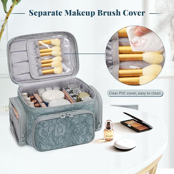 Large Makeup Bag, Portable Travel Makeup Bag Organizer for Women Girls with Makeup Brush Compartment & Two Side Pockets, Cosmetic Travel Bag Vertical Storage Toiletry - Floral Blue