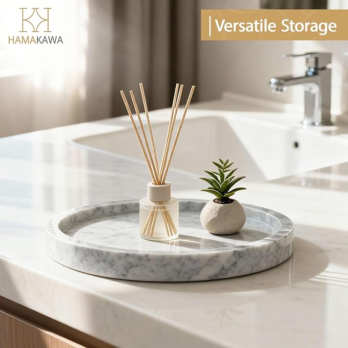 Bathroom Vanity Tray, Large Natural Marble Round Sink Tray 9.5 Inch, Carrara White Limestone Dresser Tray, Modern Countertop Organizer for Soap Dispenser, Kitchen Counter, Home Decor