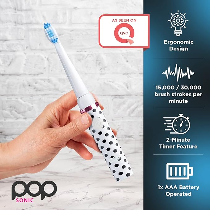Pop Sonic Electric Toothbrush (White Dots) - Travel Toothbrushes w/AAA Battery | Kids Electric Toothbrushes with 2 Speed & 15,000-30,000 Strokes/Minute, Dupont Nylon Bristles