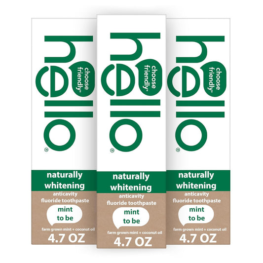 hello Naturally Whitening Fluoride Toothpaste, Natural Whitening Toothpaste with Coconut Oil and Tea Tree Oil, Tames Bad Breath, Helps Moisturize, and Fights Cavities, Mint, 3 Pack, 4.7 Oz Tubes