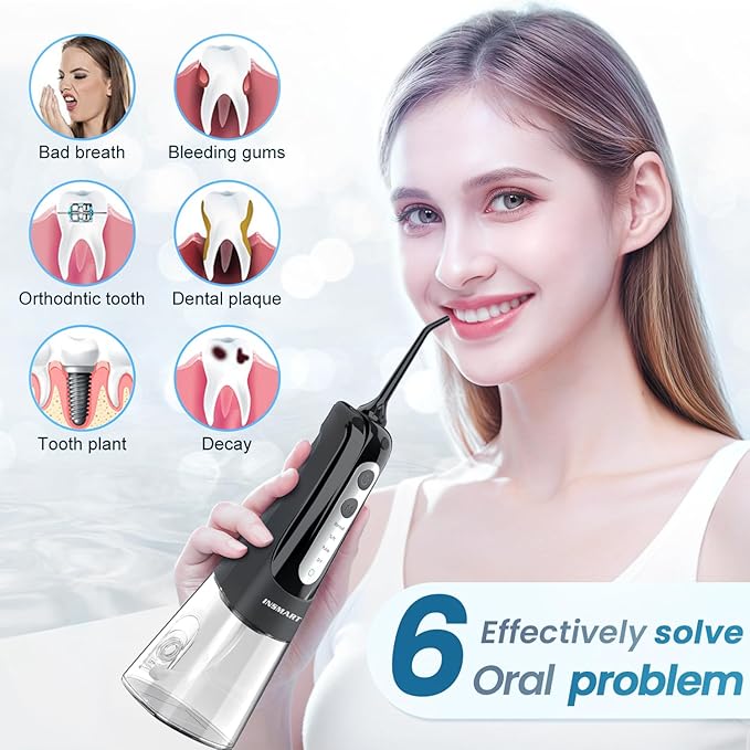 Cordless Water Dental Flosser Teeth Cleaner, INSMART Professional 300ML Tank DIY Mode USB Rechargeable Dental Oral Irrigator for Home and Travel, IPX7 Waterproof 6 Modes Irrigate for Oral Care